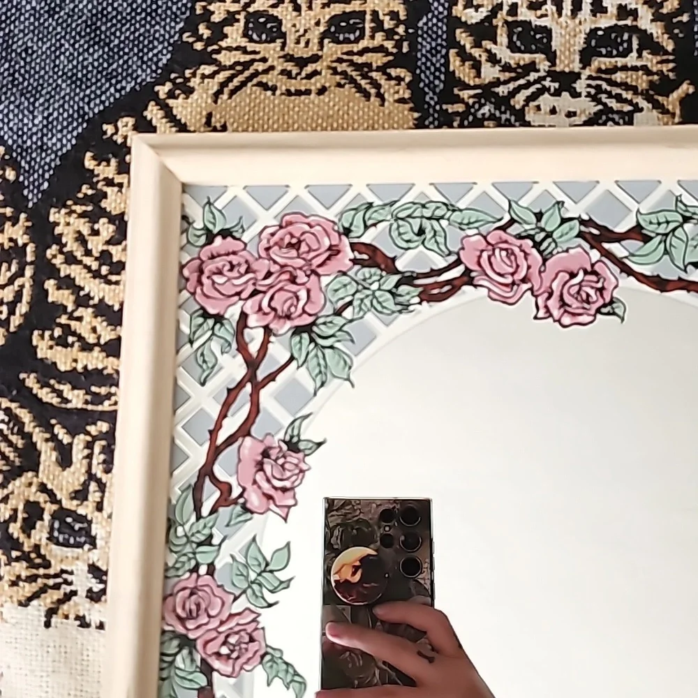 Lulu's Inc vintage mirror 1978 pink rose bush Hummingbird print wall decor 🌸🌹